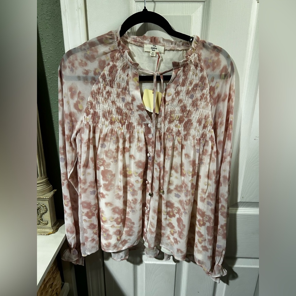 entro Pink Floral Sheer Smocked Peasant Blouse